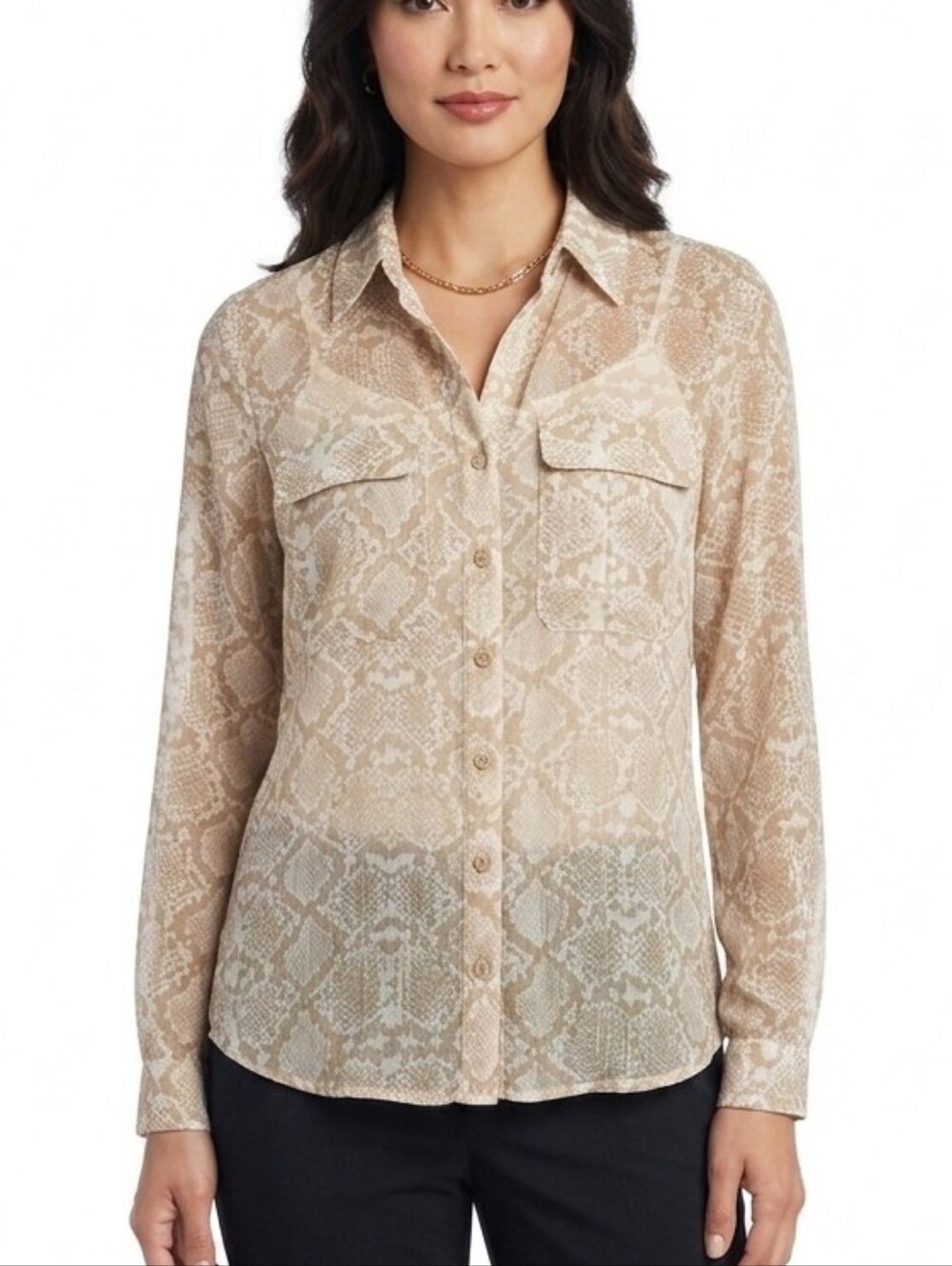 Dana Buchman Tan and Cream With Gold Thread Sheer Snake Skin Print Size XS